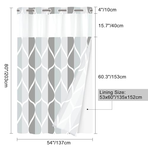 Yiatn No Hook Grey Stall Size Shower Curtain with Snap in Fabric Liner Set - Hotel Style with See Through Mesh Top Window, Modern Geometric Waterdrop Design,Waterproof and Washable, 54x80 INCH - color: A. Grey, size: 54"W x 80"L (Pack of 1)
