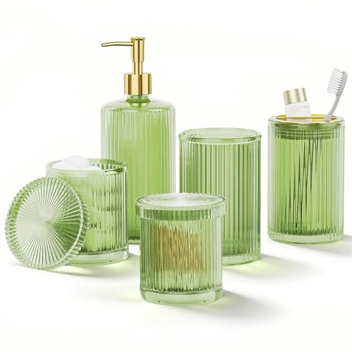 BSSN 5-Piece Green Glass Bathroom Accessories Set - Vintage Ribbed Thick Glass - Includes Soap Dispenser, Toothbrush Holder, Tumbler, 2 Q-tip Jars - Retro Bathroom Counter Organizer & Decor - color: Green, size: 5 Pieces