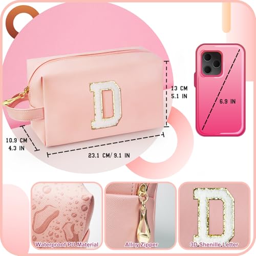 Personalized Initial Makeup Bag with Handle, Preppy Cosmetic Bag with Inner Zipper Pocket, 8 9 10 11 12 13 14 Years Old Girl, Graduation Gifts for Teen Girls Women Teachers (D, Pink) - color: Pink, style: D