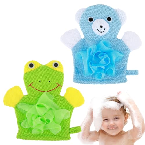 Cute Bath Gloves Loofah - 2 PCS Kids Animal Bath Gloves Body Scrubber, Double-Side Exfoliating Shower Sponges, Washcloths Mitts for Gentle Soft and Easy to Lather (Bear Frog)