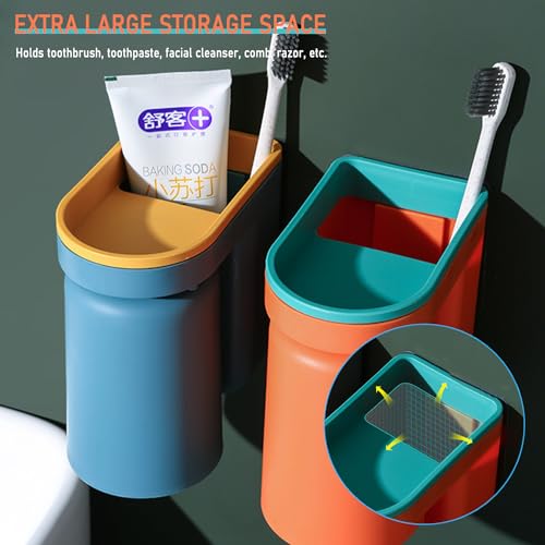 Toothbrush Holder Wall Mounted with Cup,2-in-1 Toothbrush Holders & Cups Set,Inverted Design for Easy Cleaning and draining,Stick-on Toothbrush Holder for Bathroom (Green+Yellow) - color: Green+yellow