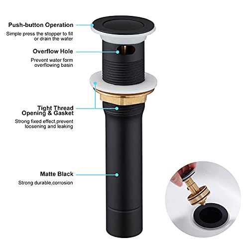 CREA Bathroom Sink Drain, Bathroom Sink Stopper with Drain Hair Catcher Pop Up Drain 1 1/2" for Bathroom Vanity Kitchen Sink with Overflow, Matte Black - color: Matte Black