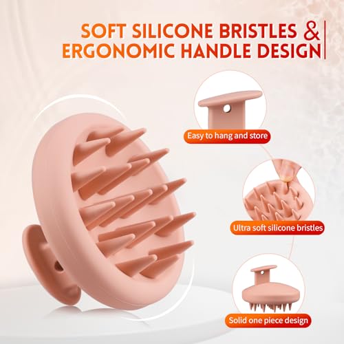 Silicone Scalp Massager Shampoo Brush for Shower, Scalp Scrubber with Soft Bristles for Hair Growth & Dandruff Treatment, Wet Dry Hair Massager for All Hair Types of Women (Pink) - color: Salmon Pink
