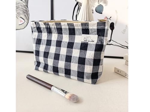 HAPPYHEIDI Large Cotton Black White Checker Makeup Bag with Compartment Cosmetic Toiletry Travel Pouch,Purse Accessory Organizer,Canvas Lined - color: Cotton Checker Large - w Compartment