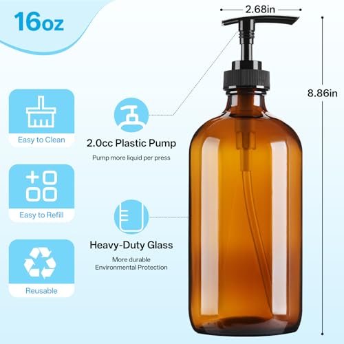 GIVAMEIHF Amber Glass Dispenser Bottles 2-Pack, 16oz Refillable Amber Glass Soap Dispenser with Pump, Brown Glass Containers for Kitchen & Bathroom - Dish Soap,Lotion,Shampoo,Conditioner & Body Wash