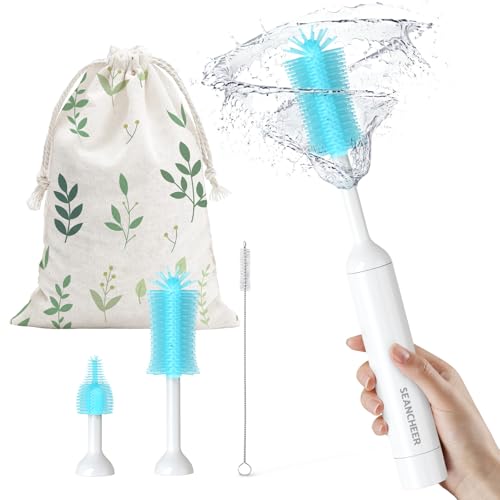 SEANCHEER S02 Electric Bottle Brush Set, Portable Baby Bottle Brush Cleaner, AA Battery-Powered & IPX7 Waterproof, with Silicone Bottle/Nipple/Straw Brush, for Home & Travel (Blue) - color: White-blue