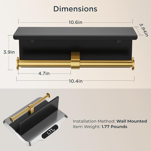 FORIOUS Double Toilet Paper Holder with Shelf, Wall Mount Tissue Roll Holder for Bathroom, 304 Stainless Steel Commercial Toilet Tissue Dispensers with Phone Shelf (1, Matte Black & Brushed Gold) - color: Matte Black & Brushed Gold