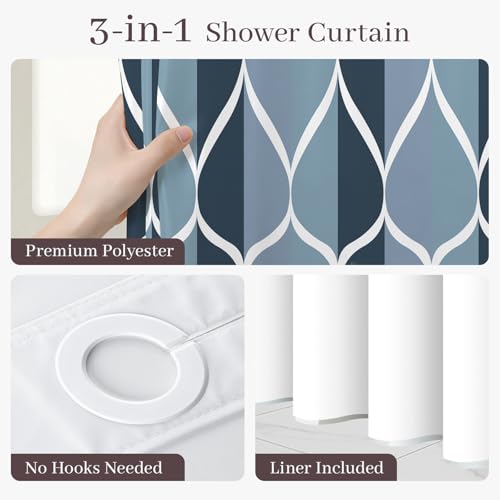 Yiatn No Hook Aegean Blue Shower Curtain with Snap in Liner Set - Hotel Style with See Through Mesh Top Window, Modern Geometric Waterdrop Design,Water-Repellent & Washable, 71x74 INCH - color: A. Aegean Blue, size: 71"W x 74"L (Pack of 1)