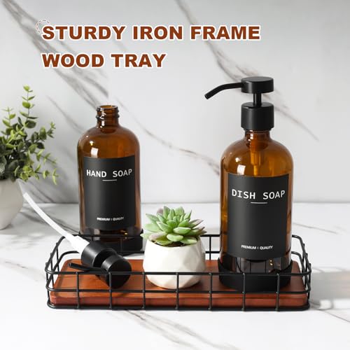 Kitchen Soap Dispenser Set with Tray, Amber Glass Soap Dispensers with Iron Basket, Decorative Hand and Dish Soap Dispenser Set, Soap and Lotion Dispensers for Kitchen and Bathroom Storage Organizer