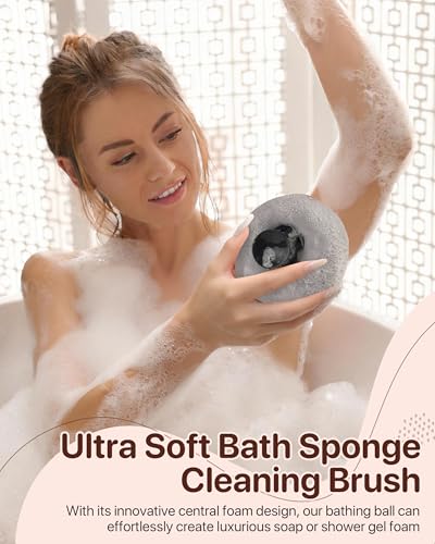 Super Soft Sunflower Suction Cup Bath Sponge loofah, 2026 Upgraded 2-in-1 Sunflower Ball Exfoliating Bath Sponge Cleaning Brush, Mesh Shower Body Sponge Accessories for Women, Men Shower (Black+Grey) - color: Black+grey