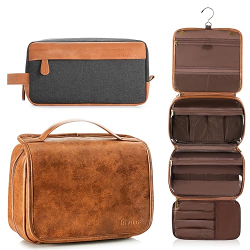 Elviros Hanging Travel Toiletry Bag Gift for Men，Mens Toiletries Bag Gifts Set Shaving Dopp Kit Water-resistant Bathroom Toiletries Organizer PU Leather Cosmetic Bags 2 Pack - color: Brown, size: 2 Pack