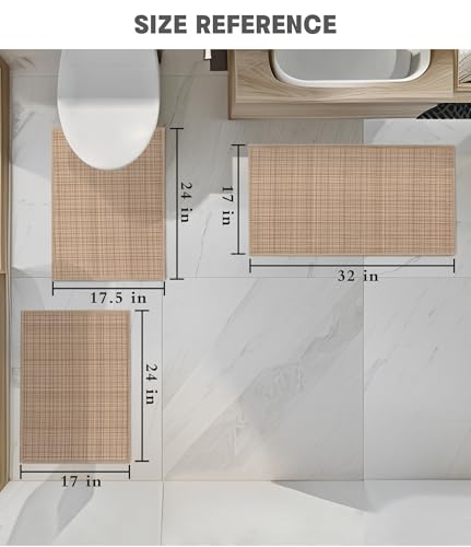 YIHOUSE Bathroom Rugs Sets 3 Pieces, Khaki Ultra Thin Bath Mats Fit Under Door, Absorbent Quickly Dry Rubber Backing Braided Bath Mat Set, Non Slip Washable Bath Rugs for Bathroom Floor, Khaki - color: Khaki Multi, size: 3pieces