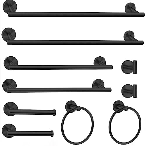Cilee 10 Piece Matte Black Bathroom Hardware Set,2 Pack 5 Piece Bathroom Accessories Set Include 24 inch,16 inch Toilet Paper Holder, Towel bar,Towel Ring,Towel Hook,Stainless Steel Wall Mounted - color: 1 Black, size: 24inch