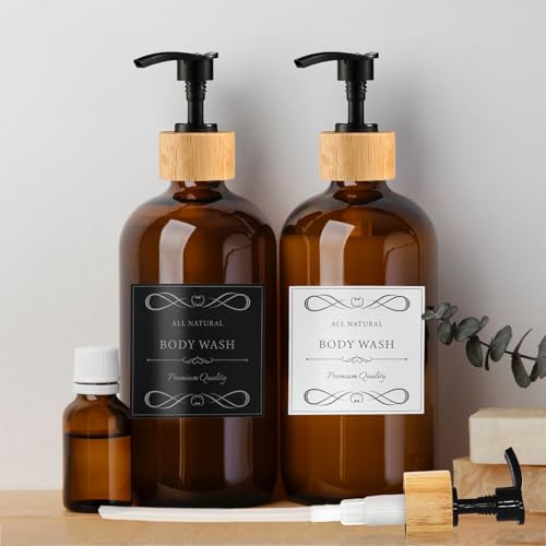 16oz/480ml Amber Glass Soap Dispenser Set, 2 Pack Dish Hand Soap Dispenser for Kitchen Bathroom, Clear Liquid Soap Bottle Dispenser with Bamboo Pump, Waterproof Labels, Funnel