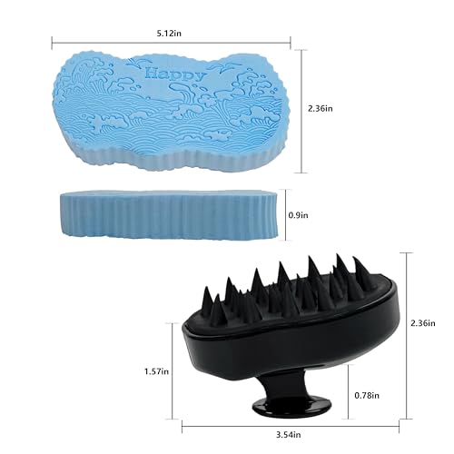 Magic Exfoliating Bath Sponge & Scalp Massager Set (2 Sponges, 1 Scrubber), Body Scrubber & Silicone Scalp Brush for Deep Cleansing, Dandruff Care & Relaxation