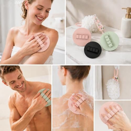 3-Pack Bath Scrubber Kit: 2 Silicone Exfoliating Pats & Double-Sided Long Handle Back Scrubber Bath Puff for Deep Cleansing. (2 Pink & Pink) - color: 2 Pink & Pink