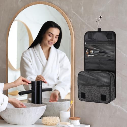 Travel Hanging Toiletry Bag for Women kids, Black Leopard Print Cosmetic Bag Waterproof Makeup Organizer for weekend overnight Bathroom - color: D 05