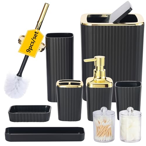 Bathroom Accessory Set,9 Pieces Black Bathroom Accessory Set with Toothbrush Holder, Trash Can, Lotion Soap Dispenser, Toothbrush Cup, Vanity Tray, Soap Dish, Toilet Brush, Qtip Holder - color: Black