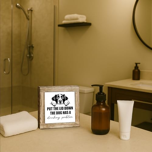 Farmhouse Wooden Bathroom Decor Signs, Funny Restroom Decorative Wooden Box, Toilet Rules Shelf Decoration, Put the Lid Down the Dog Has A Drinking Problem 5.9×5.9 inch - color: color26