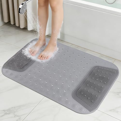 Bathtub Shower Mat Non Slip, 28.7x18.9 inch Silicone Bathroom Mat with Foot Scrubber on Both Sides, Drain Hole and Suction Cups, Machine Washable Bath Mats for Elderly, Pet (Gray) - size: 28.7"x18.9"