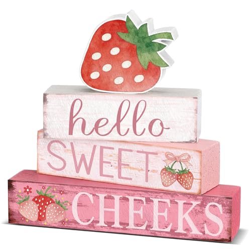 Cinnvoice 4 Pcs Strawberry Bathroom Decor Farmhouse Bathroom Decoration Hello Sweet Cheeks Table Centerpiece Gift for Christmas Valentines Back to School - style: Strawberry Hello Sweet Cheeks