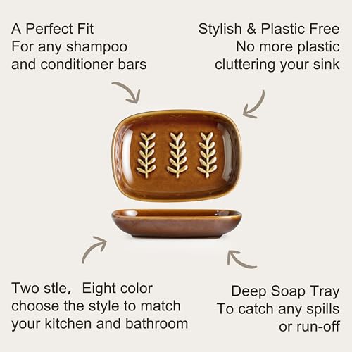 Miamolo Soap Dish for Shower, Ceramic Soap Holder Soap Dishes for Large Bar Soap Sponge, Decorative Soap Saver Tray for Bathroom Kitchen Sink Bathtub, Pro-Environment, Extend Soap Life, Dark Brown - color: Dark Brown, size: Leaf Design