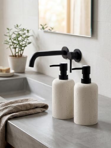 Soap Dispensers 400mL 13.5 OZ, 2 PCS Luxurious Hand Dish Lotion Shampoo Soap Dispenser Jar, Travertine Soap Bottles Rustproof Pump for Kitchen Bathroom Countertop - color: Ivory White