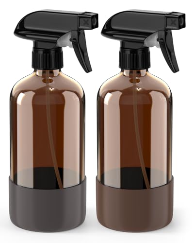 Bontip Glass Spray Bottle with Silicone Sleeve Protection, Amber Glass Spray Bottle Set for Window Cleaner Aromatherapy Facial Hydration Watering Flowers Hair Care 2 Pack/16 oz (Brown & Grey, 16 oz) - color: Brown & Grey, size: 16 Ounces