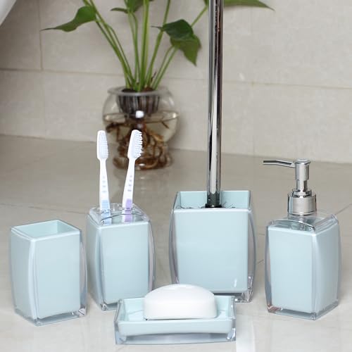 5 Pcs Blue Acrylic Bathroom Accessories Set Complete,Lotion/Soap Dispenser,Soap Dish,Toothbrush Holder,Tumbler, Toilet Brush and Holder, Modern Bathroom Decor and Housewarming Gift Set, Blue - color: Blue