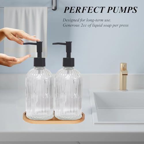 Glass Hand and Dish Soap Dispenser Set of 2 with Plastic Pumps, Bamboo Tray, 13.5oz Clear Bathroom Soap Dispenser with Vertical Stripe for Hand Wash & Dish Wash, Ideal for Bathroom Kitchen Countertop - color: Clear