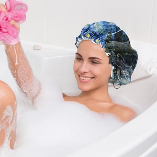 2 PCS Shower Cap Waterproof Double Layer Elastic Adjustable Reusable Hair Bath Caps for Girls Women Cute Aesthetic-Blue White - color: G18-Blue White