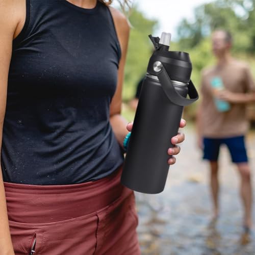 Fijinhom 24oz Insulated Stainless Steel Water Bottle, Wide Mouth Double Wall Vacuum, Silicone Straw, Sweat & Leak Proof, BPA Free Insulated Water Flask for Travel, Keep Cold 24h Hot 12h, Black - color: Black, size: 24 Ounces