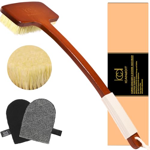 ICANdOIT Stiff Sisal Bristles Back Scrubber Set - Shower Brush with Non-Slip Curved Handle and Dual-Sided Exfoliation Glove-17.71”Bent Handle