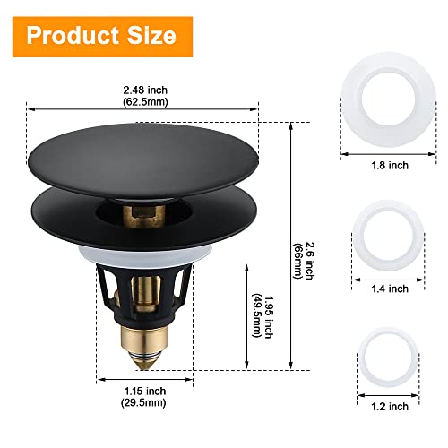 Universal Bathroom Sink Drain Stopper - 1.1~1.5" Pop Up Drain Stopper, Anti-Clogging Bounce Basin Filter with Hair Catcher, Stainless Steel Sink Drain Strainer (Matte Black) - color: Matte Black, style: Large Lid