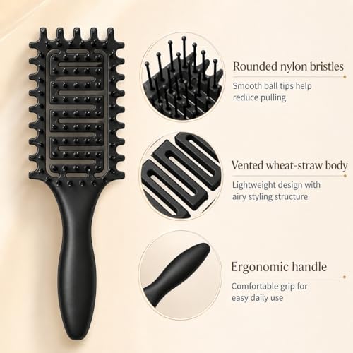 Curl Defining Brush for Curly Hair, Vented Detangling Hair Brush for Wet and Dry Styling, Curved Brush for Shaping and Smoothing Curl Clumps, Lightweight Hair Brush (2Pcs Black) - color: 2Pcs Black