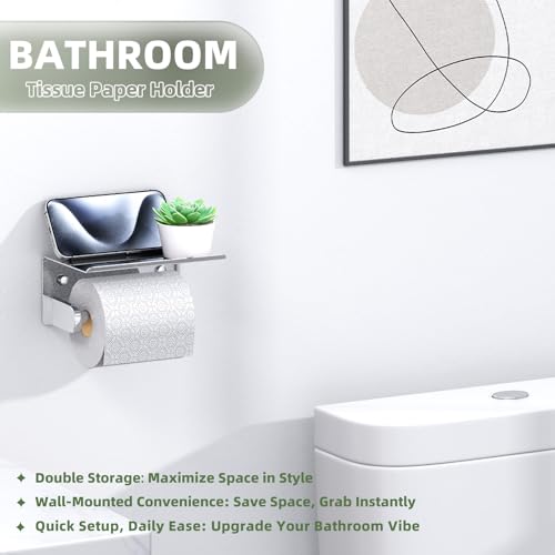 APLusee Toilet Paper Holder with Phone Shelf Polished Chrome, SUS 304 Stainless Steel Bathroom Accessories Tissue Roll Dispenser Storage Wall Mounted - color: Polished Chrome, size: Single Rod