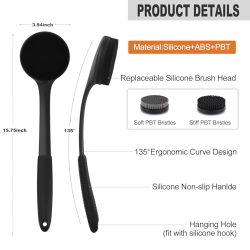 Long Handle Back Scrubber for Shower with 3 Interchangeable Heads-Black | Ergonomic Curved Handle,Non-Slip Silicone Grip,Premium Gift Box,Use in Wet and Dry,Cleaning and Exfoliation - color: Black