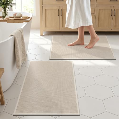 SHACOS Bath Mat Set of 2, Ultra Thin Washable Bathroom Rugs, No Slip Rubber Bath Rugs for Bathroom, Quick Dry Absorbent Bathroom Mat for Shower Outside Floor Toilet Sink (17"x24"+17"x24") - color: Beige, size: 17"x24"+17"x24"