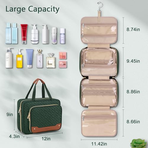 Wedama Toiletry Bag for Women, Hanging Travel Toiletry Bag with Jewelry Organizer Compartment Large Makeup Bag, PVC Waterproof Cosmetic Travel Bag Trips Camping Bathroom, Dark Green - color: Dark Green, size: Large, style: With Jewelry Organizer Compartme