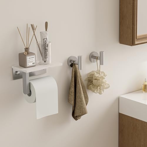 BWE Brushed Nickel Toilet Paper Holder with Marble Shelf, Toilet Paper Roll Holder Wall Mounted, Toilet Paper Roll Holder with Phone Shelf 304 Stainless Steel Tissue Holder for Bathroom Washroom - color: Brushed Nickel
