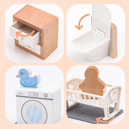 HAPGFS Wooden Dollhouse Furniture Set Elegant Kid’s Room & Bathroom Doll House Accessories, Premium Wood Toys for 3-6 Year Olds, Dollhouse Decor Set for Girls & Boys Birthday Christmas - style: Kid's & Bathroom