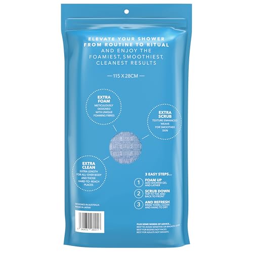 BONDI Exfoliating Shower Towel for Smooth Skin - Extra Long - Perfect for Back Scrubbing - Made in Japan