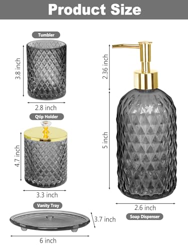 Haturi Gray Glass Bathroom Accessories Set, 4-Piece - Lotion Soap Dispenser, Toothbrush Holder, Cotton Swab Jar & Soap Dish – Elegant Gold Accent for Countertop & Housewarming Gift - style: Smoky Gray