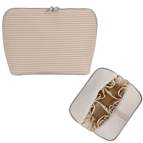 Travel Makeup Bag for Women, Waterproof Stand Up Cosmetic Bag with Brush Holders, Organizer Bag with Compartments, Fold-Down Design for Skincare, Toiletries & Essentials (Camel, Large) - color: Camel, size: Large