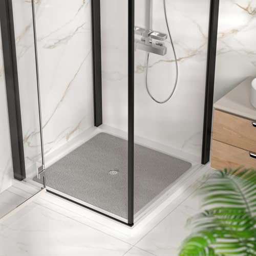 HITSLAM Square Shower Mat, 36 x 36 Inch Non Slip Bath Mat for Tub, Soft PVC Loofah Bathtub Mats with Drain Holes, Quick Drying Bathroom Stall Floor Mat, Bathroom Accessories Without Suction Cup, Grey - color: Grey, size: 36" x 36" (Square)