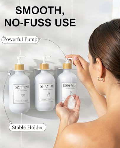 Luxspire Shampoo and Conditioner Dispenser, Shower Soap Dispenser Wall Mounted 3 Sets Plastic Bottles Bamboo Pump, 17OZ Shampoo and Conditioner Bottles for Bathroom, Shower Wall and Hotel, White - color: Matte White