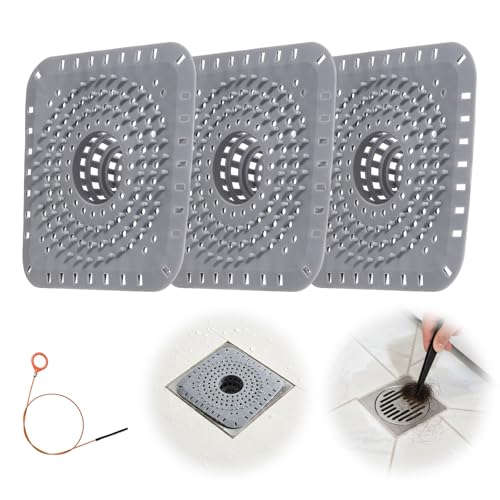Premium Silicone Shower Drain Cover Hair Catcher, 3 Pack with Clean-Out Tool & Drain Clog Remover, Bathroom Sink Strainer - Flexible & Durable for Tub Shower, Bath, Laundry