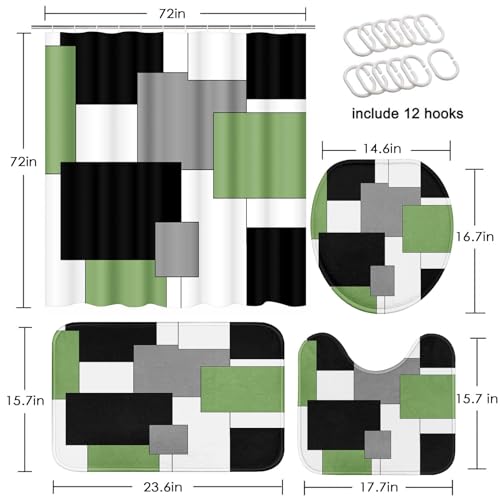 Sage Green Geometric Shower Curtain Set with Toilet Lid Cover and Non-Slip Rugs for Bathroom, Black Grey White Checkered 4 Pcs Shower Curtain, Modern Abstract Bathroom Set with 12 Hooks - color: Abstract Geometric Sage Green