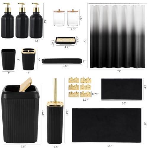 32PCS Black Bathroom Accessories Bathroom Set,Black Shower Curtain, Bath Towel Set,Hand Towel,Toilet Brush,Trash Can & 3PCS Soap Dispensera - size: Bath Set+Shower Curtain+Towel Set, style: Black