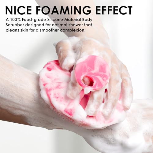 INNERNEED Food-Grade Soft Silicone Body Scrubber Shower Brush Handheld Cleansing Skin Brush, with Exfoliating Net Sponge Case (Pink Brush) - color: (Set5) Pinkcase